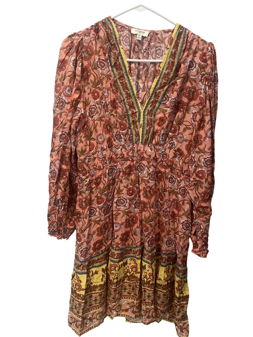 Umgee Boho Floral V-Neck Long Sleeve Dress in Rust with Yellow Trim